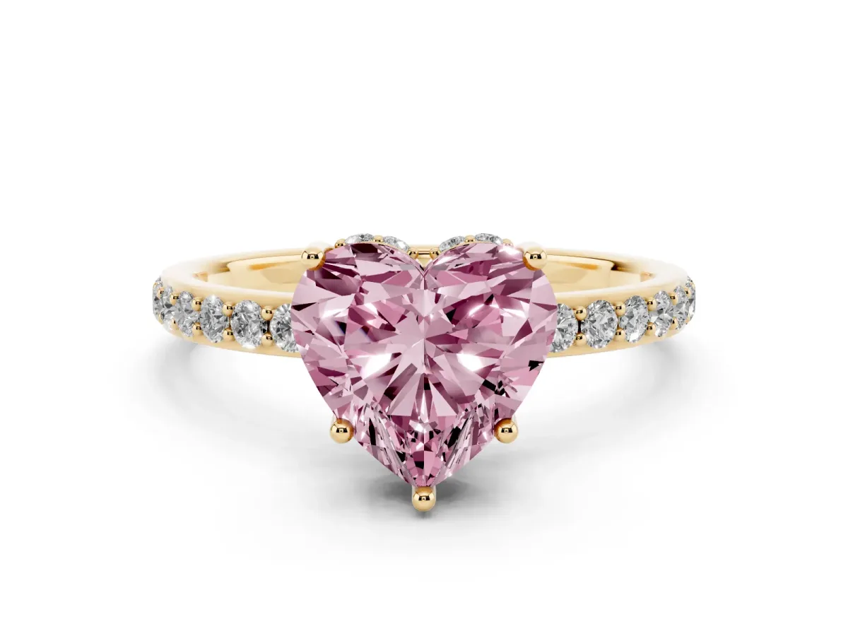 Fancy Pink Heart Cut Diamond Solitaire Ring with Pavé Band and Hidden Halo Yellow gold