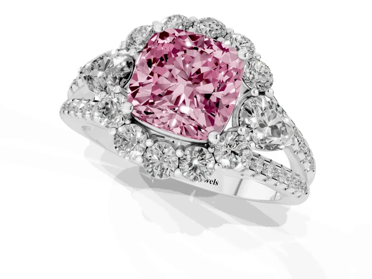 Fancy Pink Cushion Cut Halo Split Shank Diamond Engagement Ring with Prong Setting Platinum