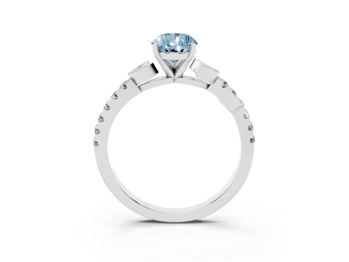 Fancy Blue Pear Cut Solitaire Leaf-Inspired Diamond Ring with Pavé Band and Four-Prong Setting Silver