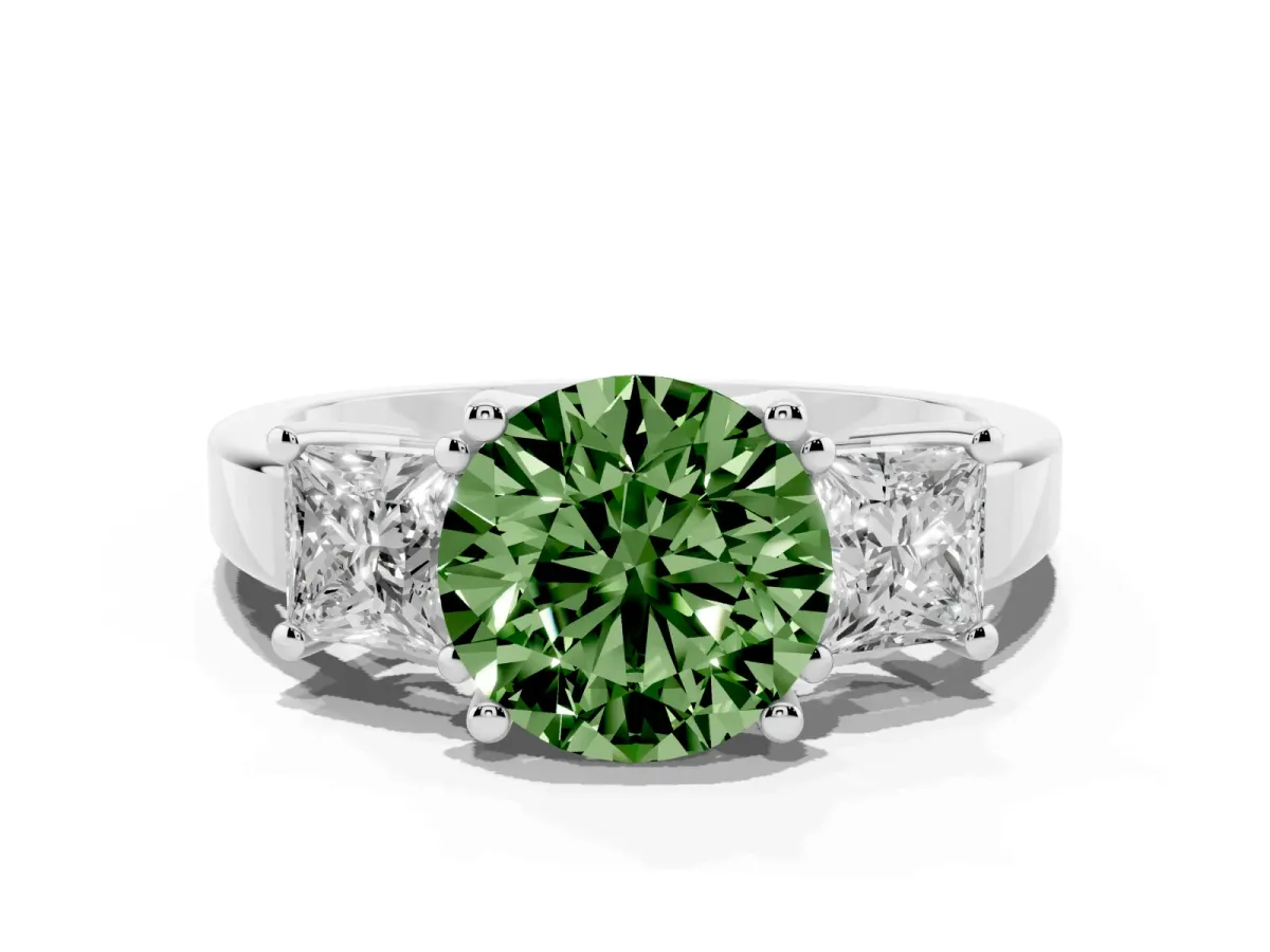 Fancy Green Three-Stone Round Cut Cut Solitaire Ring with Prong Setting Platinum