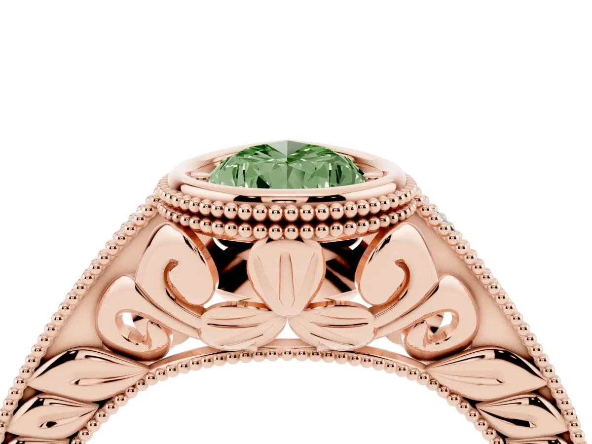 Fancy Green Bezel Set Pear Cut Diamond Milgrain Pave Engagement Ring Rose gold