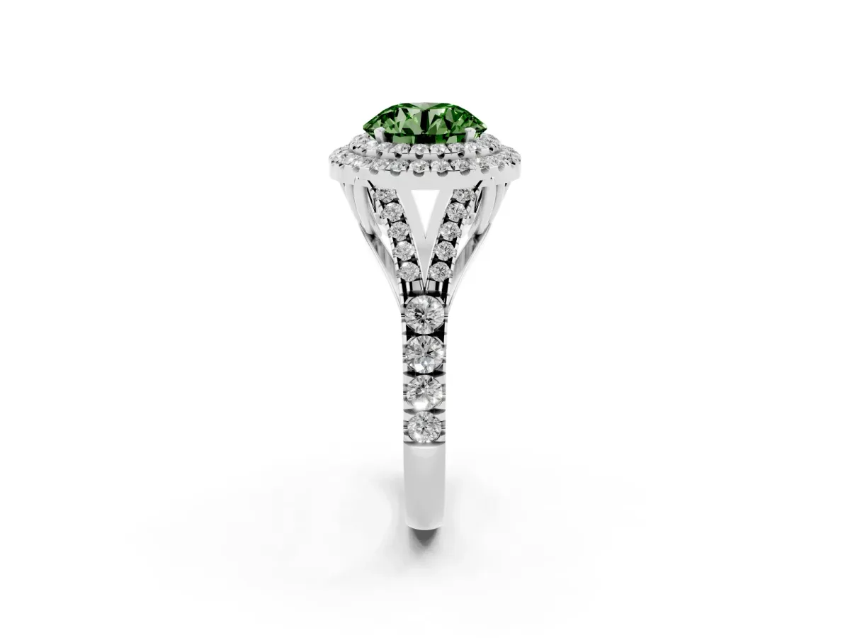 Fancy Green Round Cut Diamond Double Halo Ring with Split Shank and Prong Setting Platinum