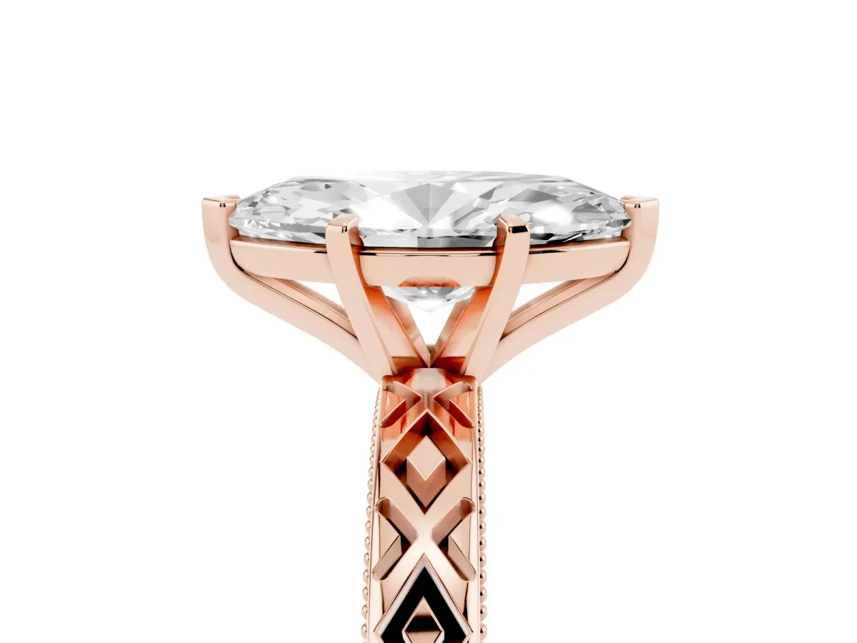 Marquise Cut Solitaire Diamond Ring with Milgrain and Black Enamel X Pattern Band Rose gold