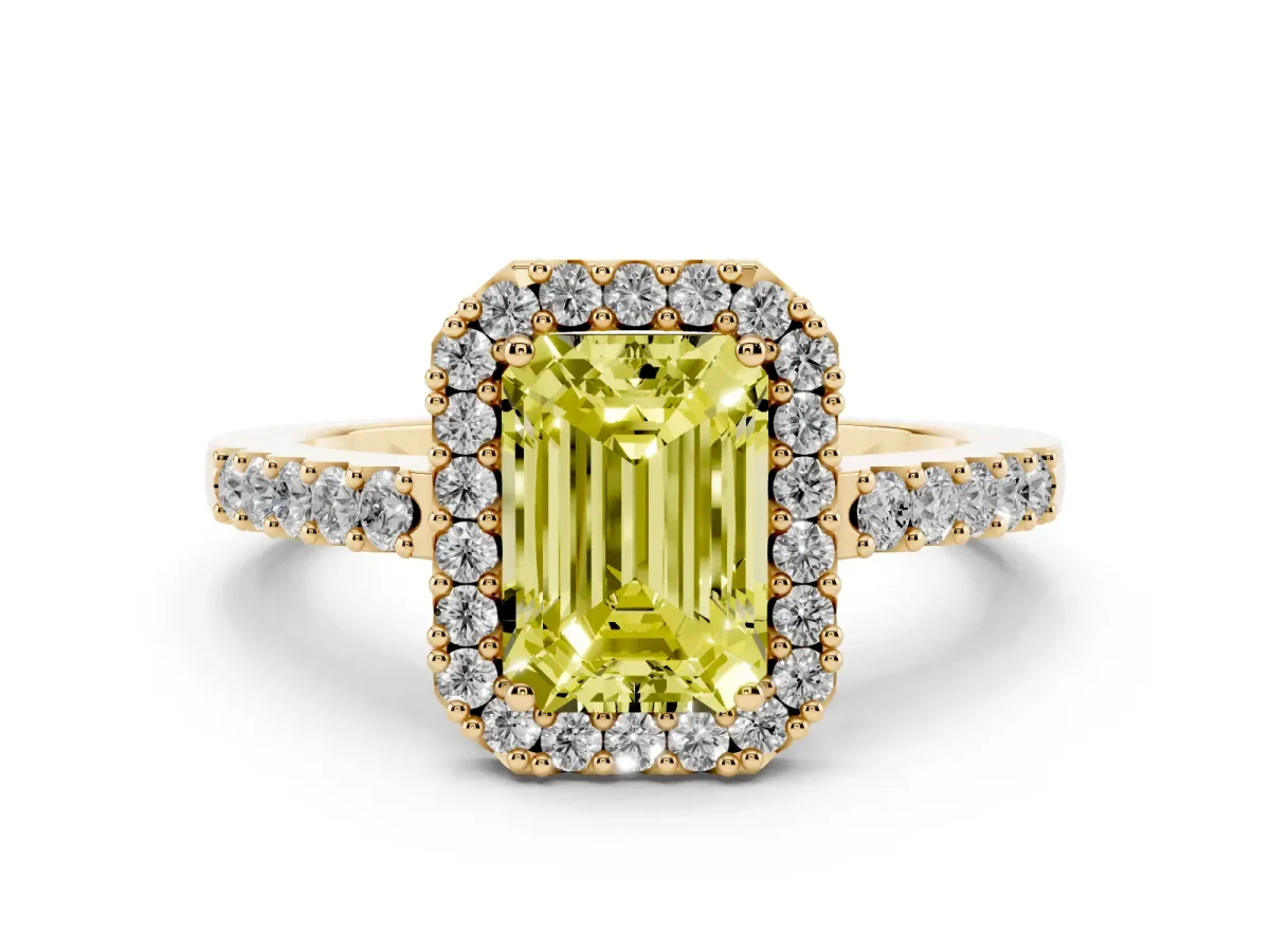 Fancy Yellow Emerald Cut Halo Diamond Pavé Solitaire Ring Yellow gold