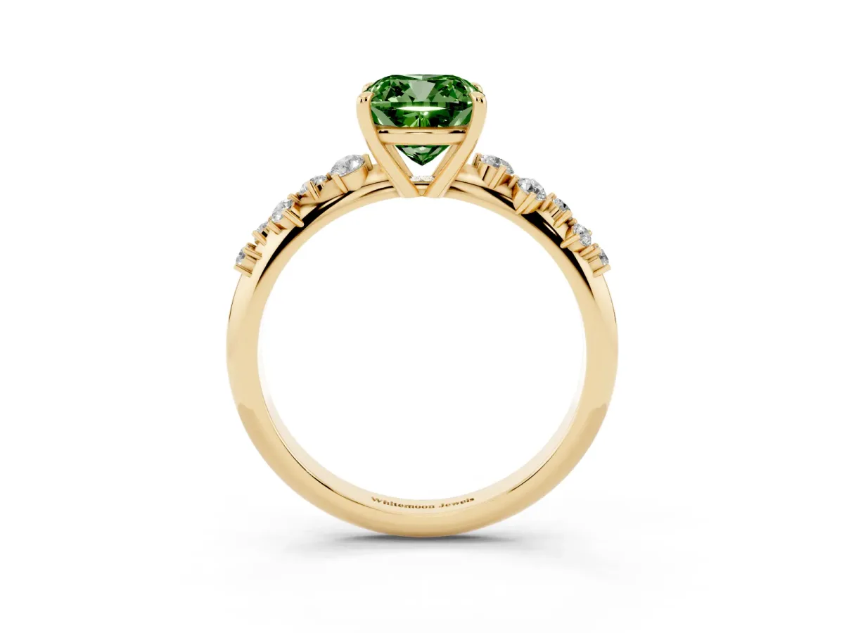 Fancy Green Cushion Cut Diamond Cluster Side Stone Solitaire Ring with Prong Setting Yellow gold