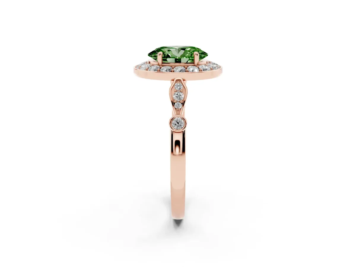 Fancy Green Oval Cut Halo Diamond Engagement Ring with Twisted Band and Four-Prong Setting Rose gold