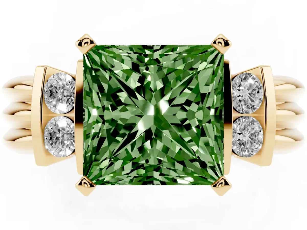 Fancy Green Princess Cut Cut Three-Stone Channel Set Ring with Bar Prongs Yellow gold
