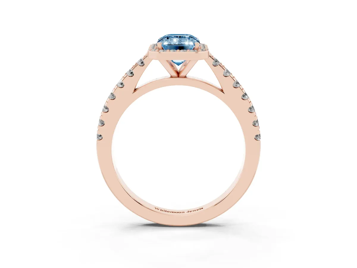 Fancy Blue Emerald Cut Cut Halo Diamond Engagement Ring with Pave Band and Four-Prong Setting Rose gold