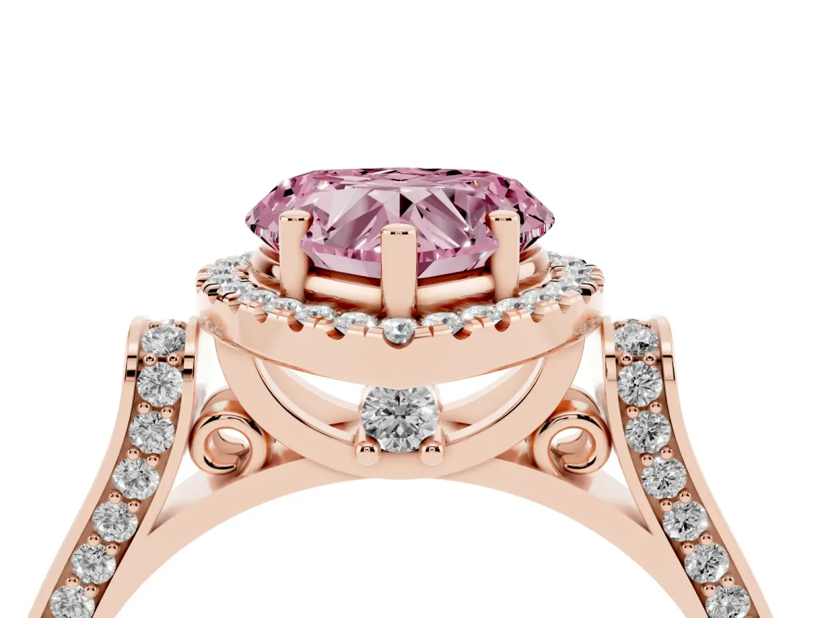 Fancy Pink Heart Cut Halo Pave Split Shank Prong Setting Ring Rose gold