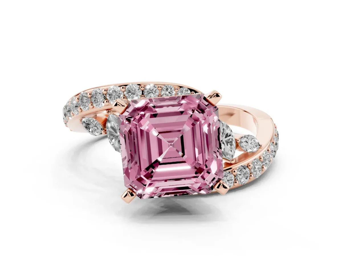 Fancy Pink Asscher Cut Solitaire with Pavé Twist Band and Four-Prong Setting Rose gold