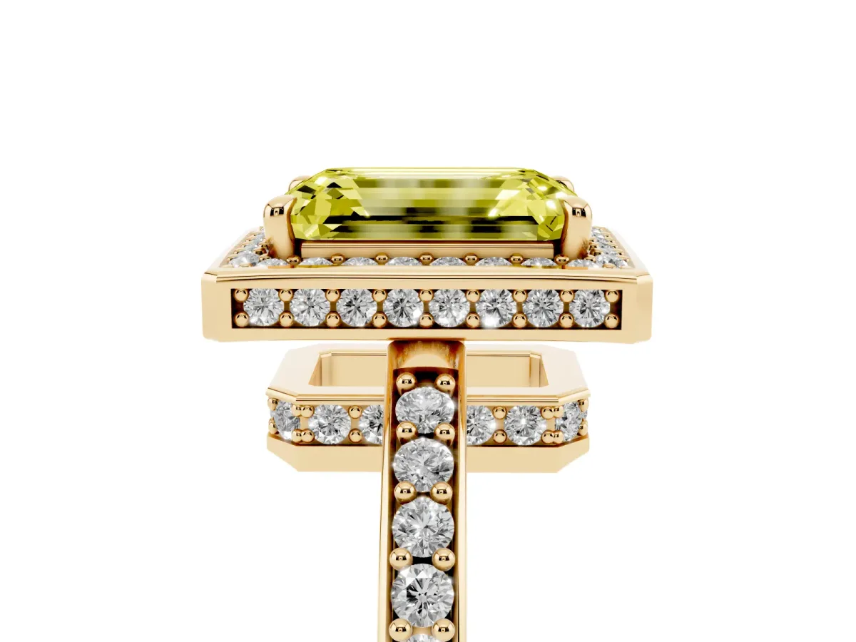 Fancy Yellow Emerald Cut Halo Pave Band Solitaire Ring with Prong Setting Yellow gold