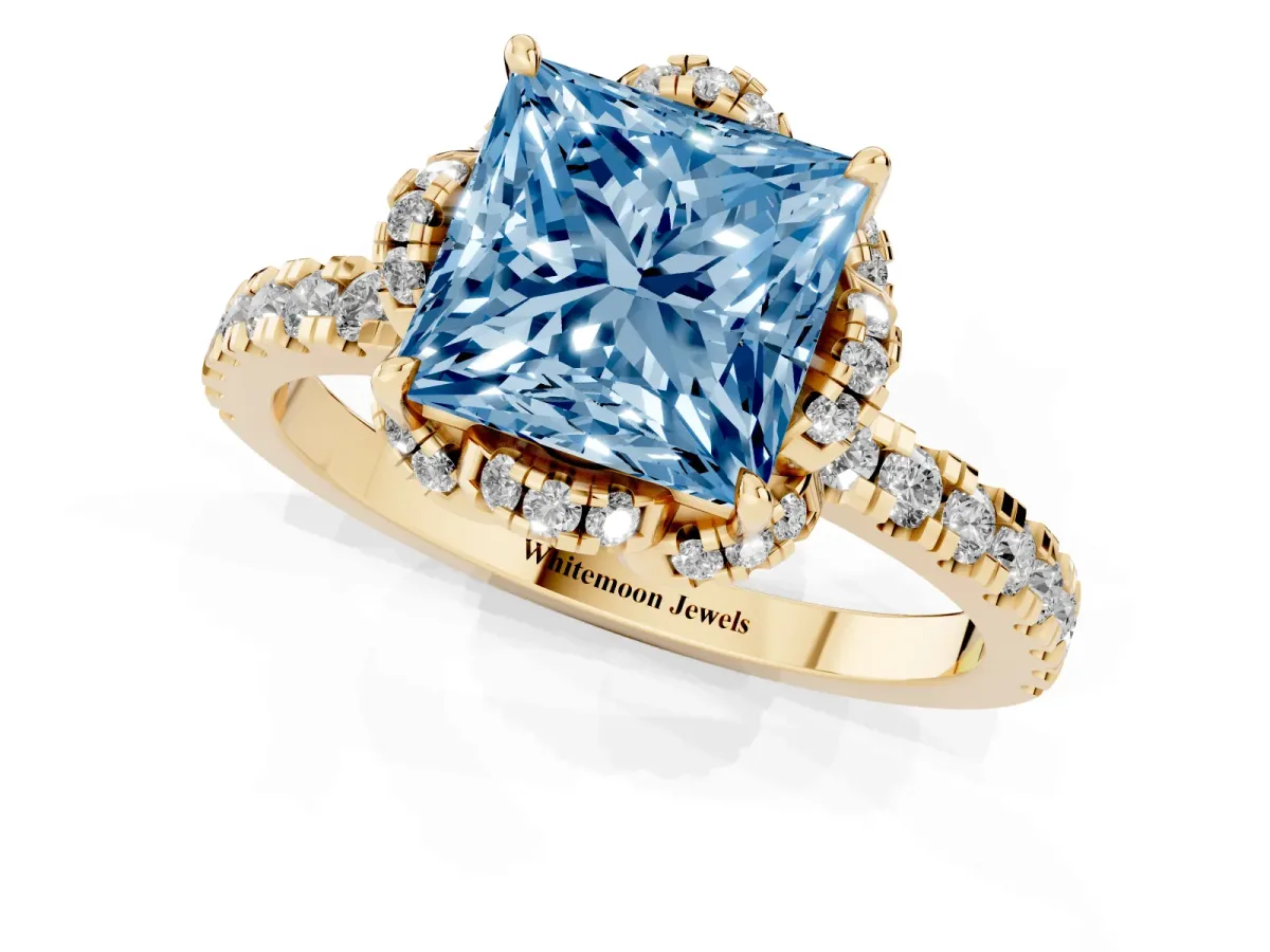 Fancy Blue Princess Cut Diamond Halo Pave Band with Four-Prong Setting Yellow gold