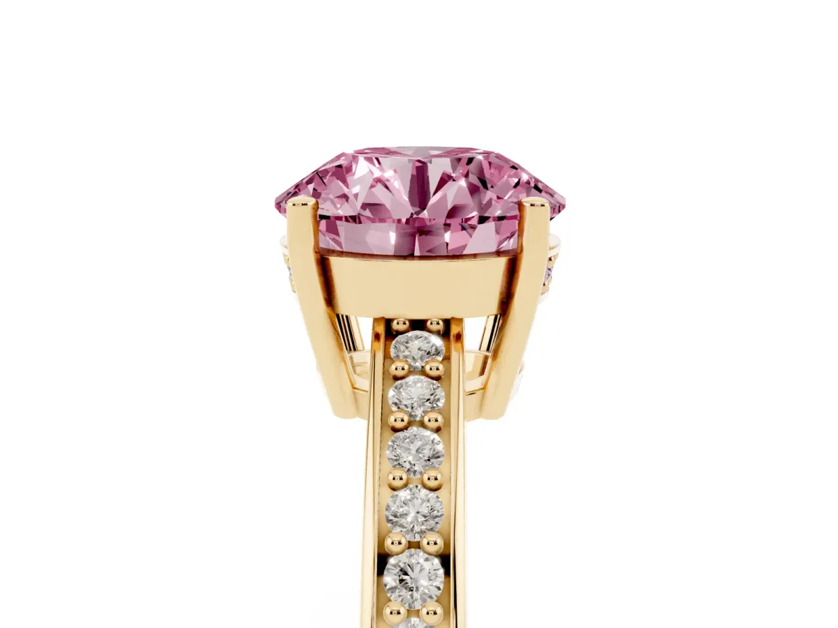 Fancy Pink Round Cut Solitaire Pavé Band Prong Setting Ring Yellow gold