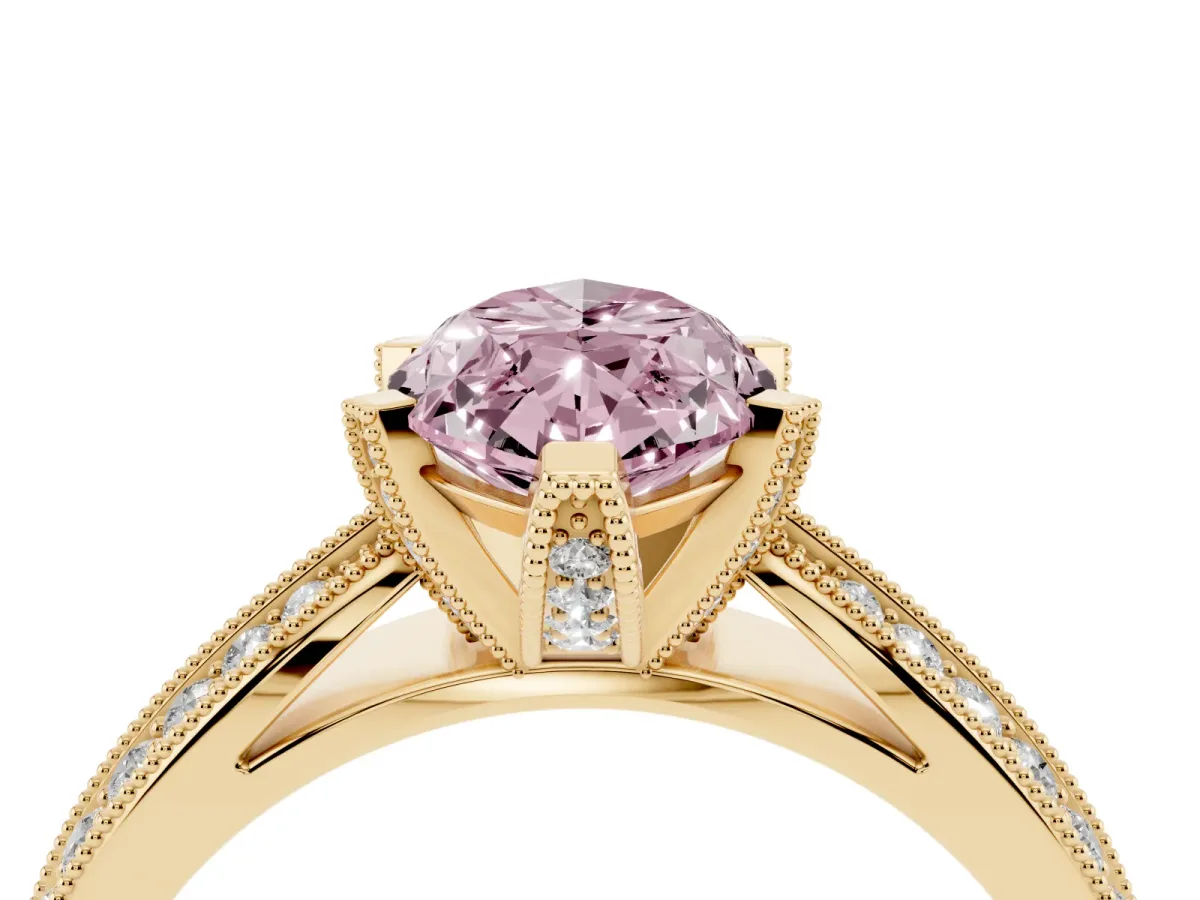 Fancy Pink Marquise Cut Diamond Solitaire Ring with Milgrain Round Pavé Band and Prong Setting Yellow gold