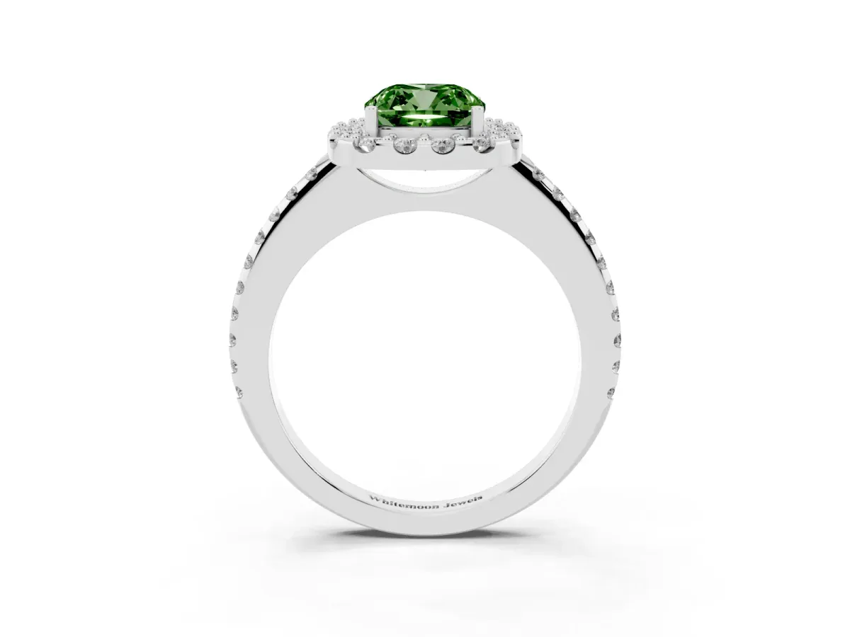 Fancy Green Cushion Cut Diamond Pavé Halo Ring with Four-Prong Setting Silver