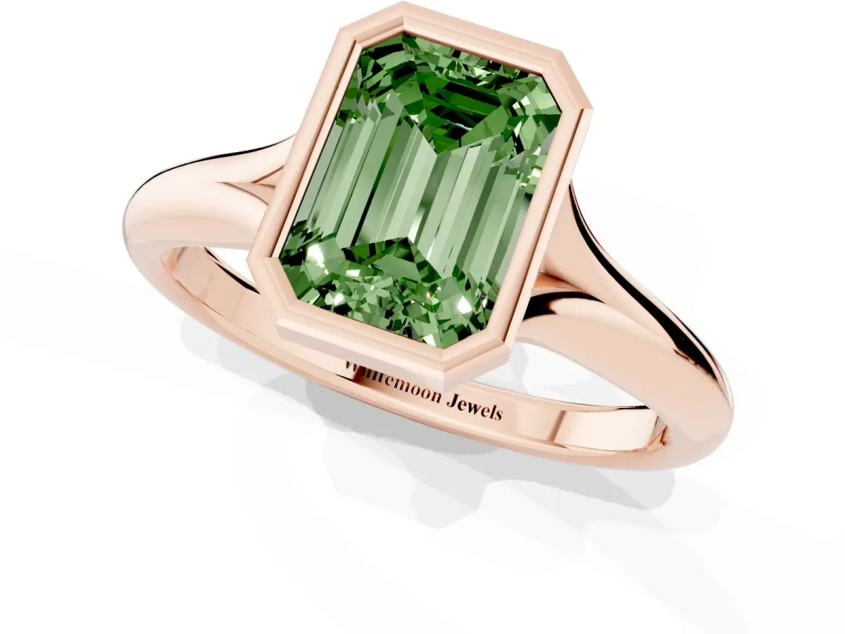 Fancy Green Bezel Set Emerald Cut Solitaire Diamond Ring with Smooth Band Rose gold