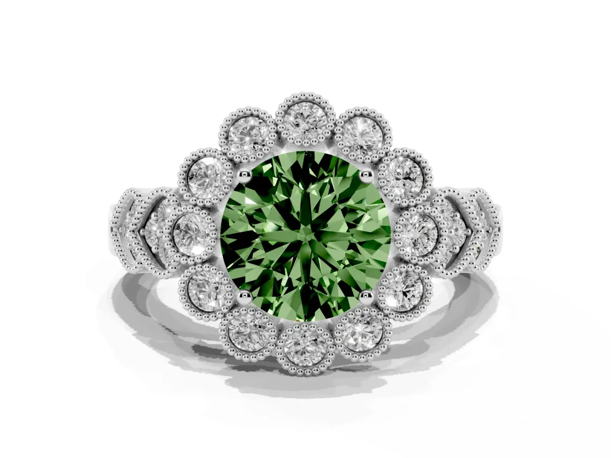 Fancy Green Round Cut Brilliant Milgrain Pave Heart Band Solitaire Ring Platinum