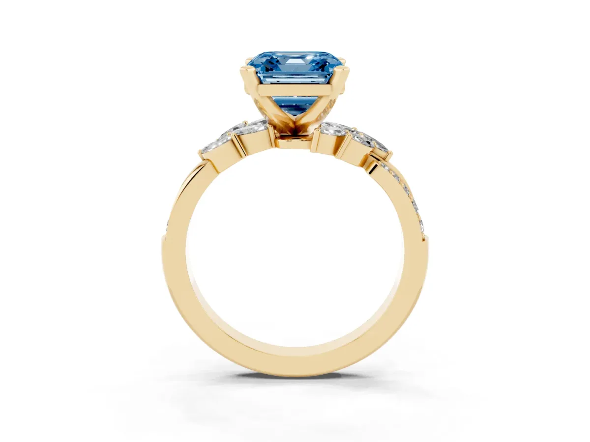 Fancy Blue Asscher Cut Solitaire Marquise Twist Band with Six-Prong Setting Yellow gold