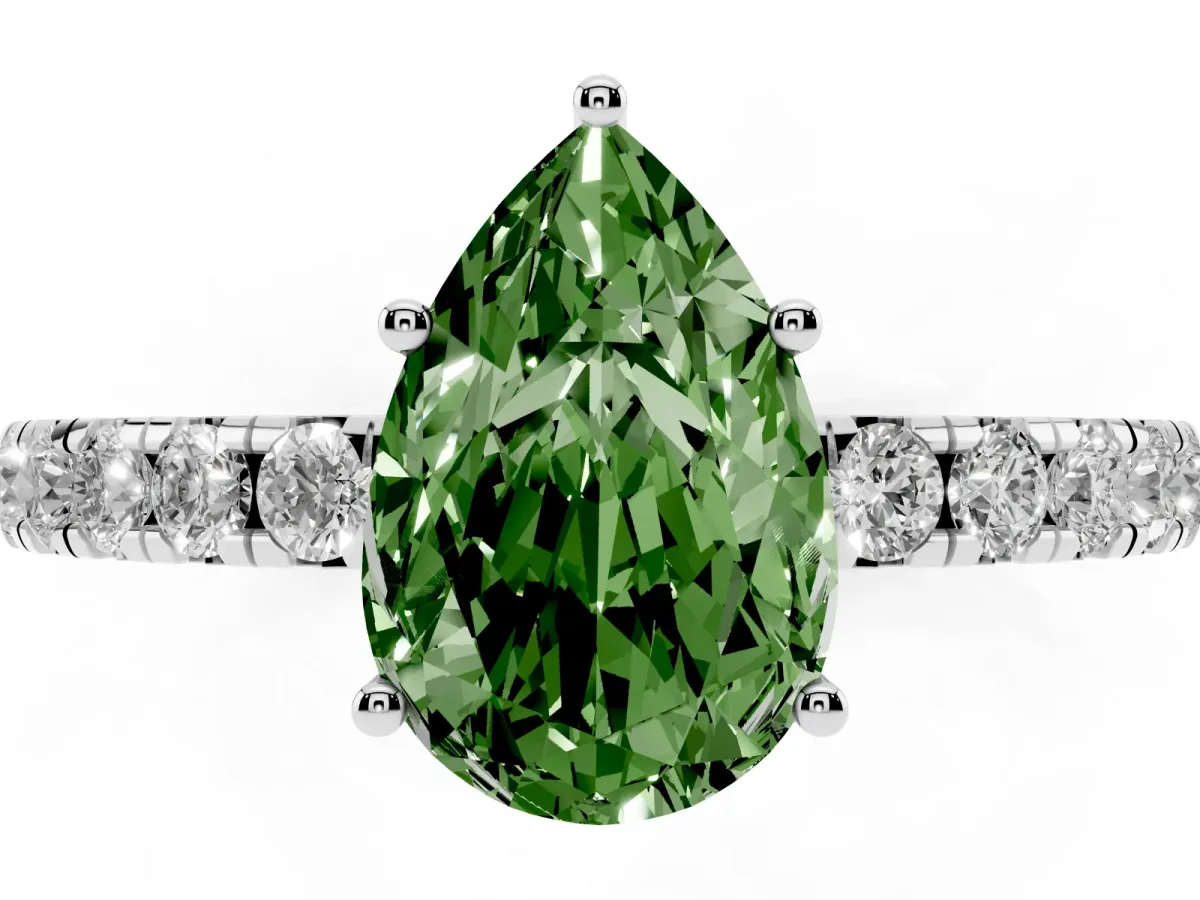 Fancy Green Pear Cut Diamond Pavé Solitaire Engagement Ring with Four-Prong Setting Silver