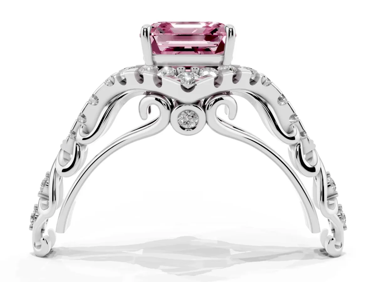 Fancy Pink Asscher Cut Diamond Solitaire Ring with Hidden Halo and Pavé Band Platinum