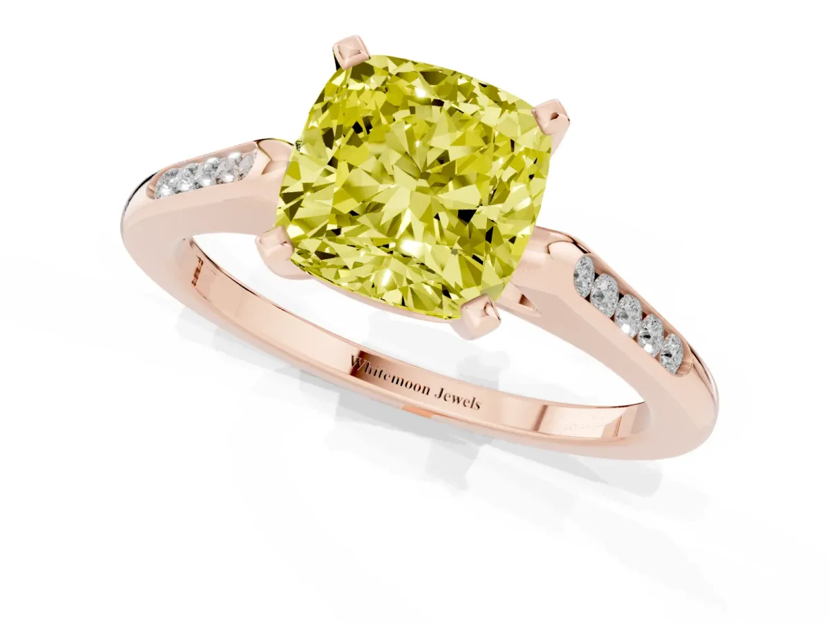 Fancy Yellow Cushion Cut Diamond Solitaire Ring with Channel Set Round Band and Prong Setting Rose gold