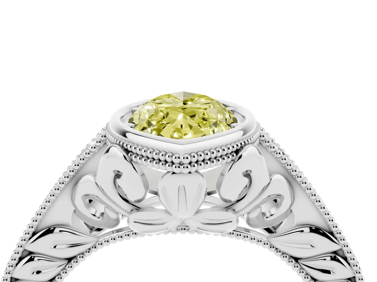 Fancy Yellow Bezel Set Marquise Cut Diamond Milgrain Pave Engagement Ring Silver