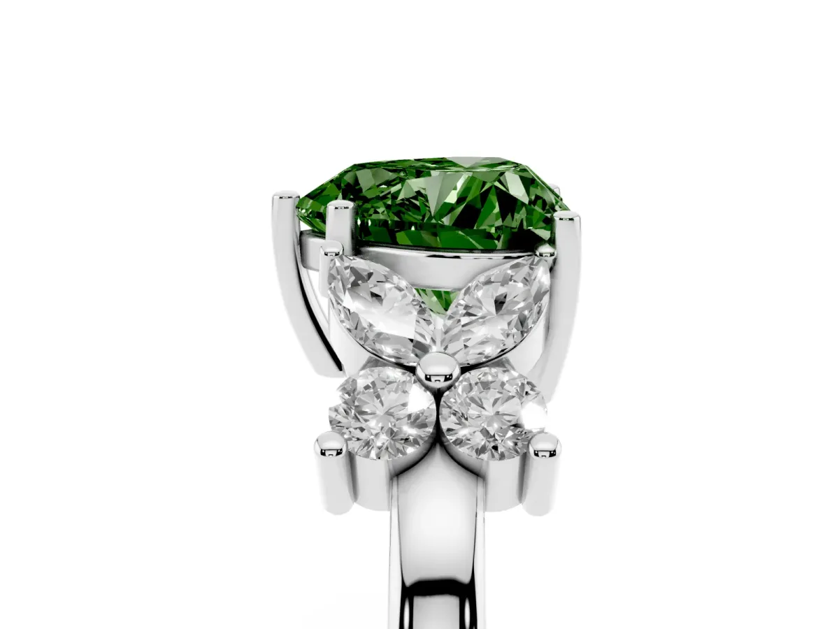 Fancy Green Heart Cut Diamond Floral Cluster Ring with Solitaire Band and Prong Setting Platinum