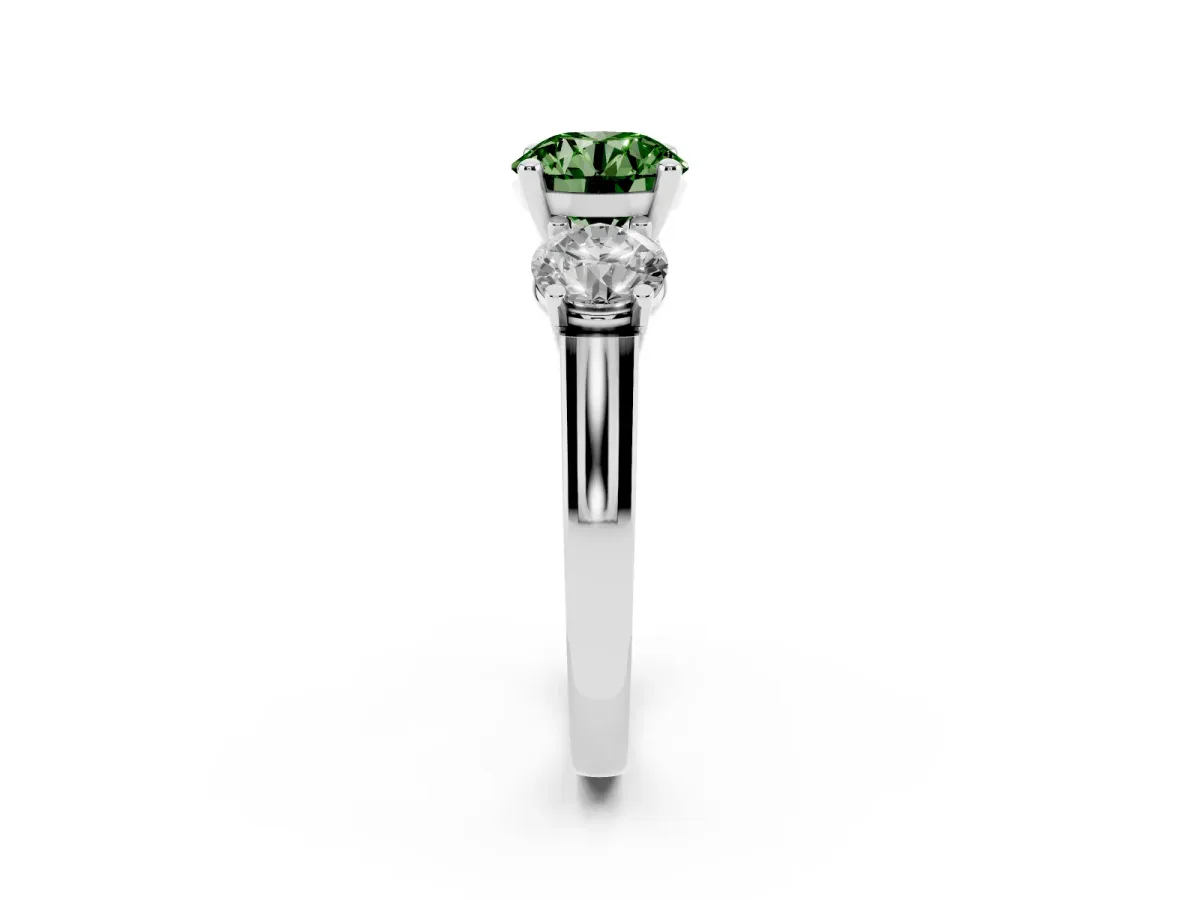 Fancy Green Three-Stone Round Cut Brilliant Diamond Trellis Ring with Comfort Fit Band White gold