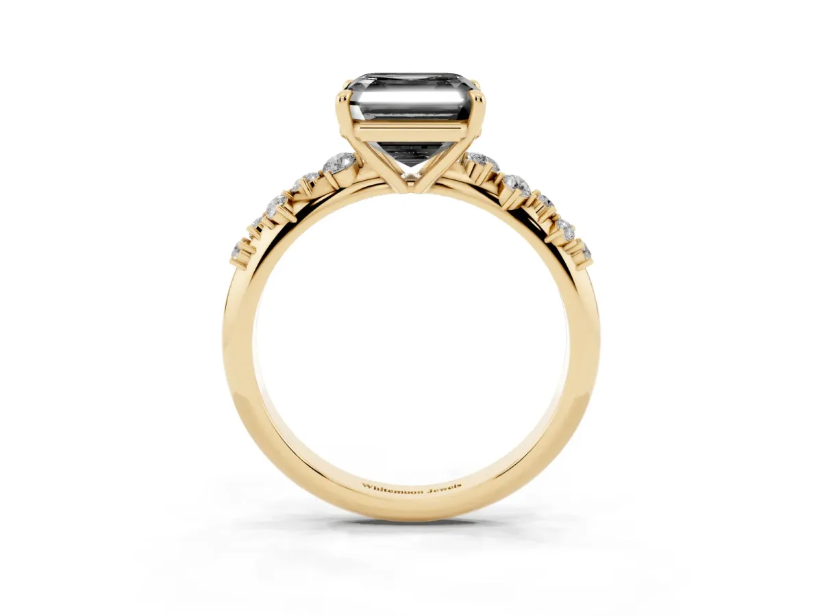 Fancy Black Asscher Cut Diamond Cluster Side Stone Solitaire Ring with Prong Setting Yellow gold