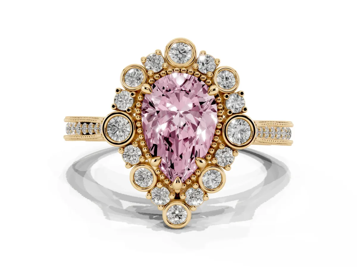 Fancy Pink Pear Cut Halo Milgrain Pave Diamond Ring with Four-Prong Setting Yellow gold