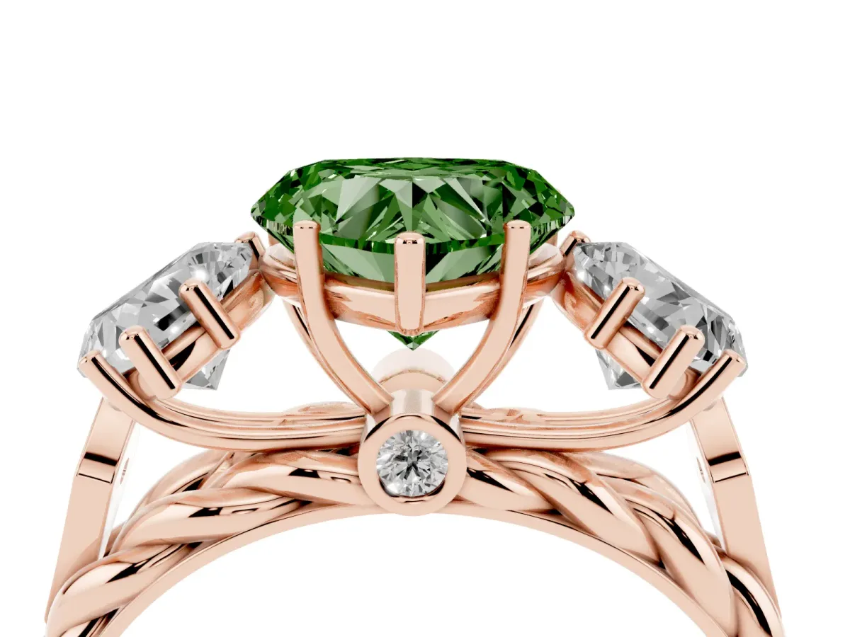 Fancy Green Three-Stone Heart Cut Diamond Braided Band Ring with Four-Prong Setting Rose gold