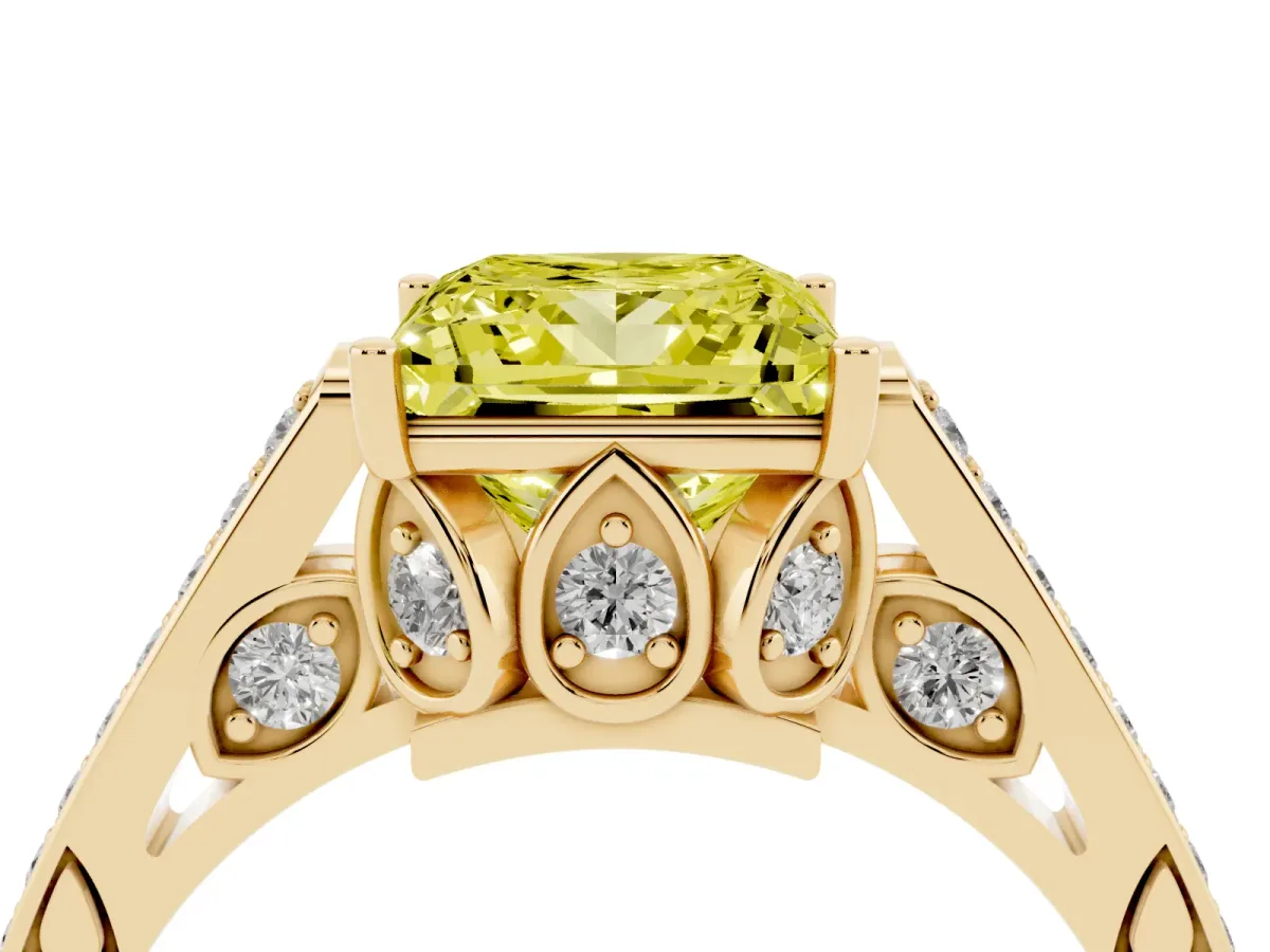 Fancy Yellow Princess Cut Cut Cathedral Pave Diamond Engagement Ring with Six-Prong Setting Yellow gold