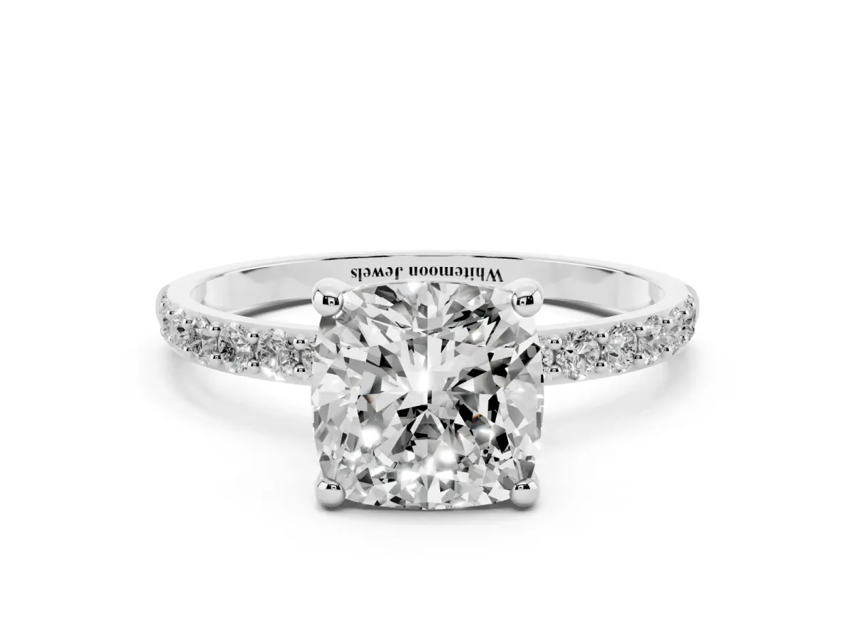 Cushion Cut Diamond Solitaire Ring with Round Pavé Band and Prong Setting Silver