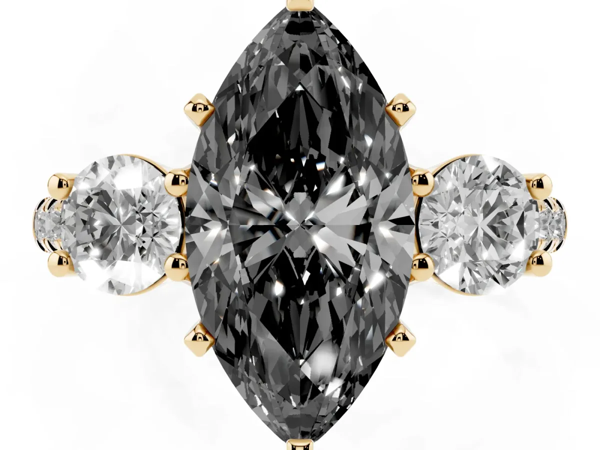 Fancy Black Three-Stone Marquise Cut Diamond Pavé Band with Four-Prong Setting Yellow gold