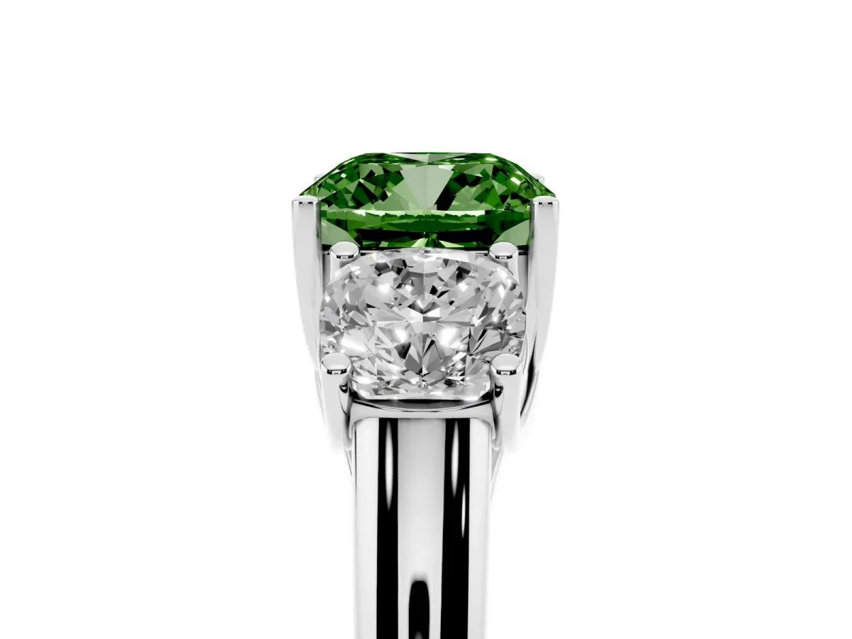 Fancy Green Three-Stone Cushion Cut Diamond Engagement Ring with Prong Setting White gold