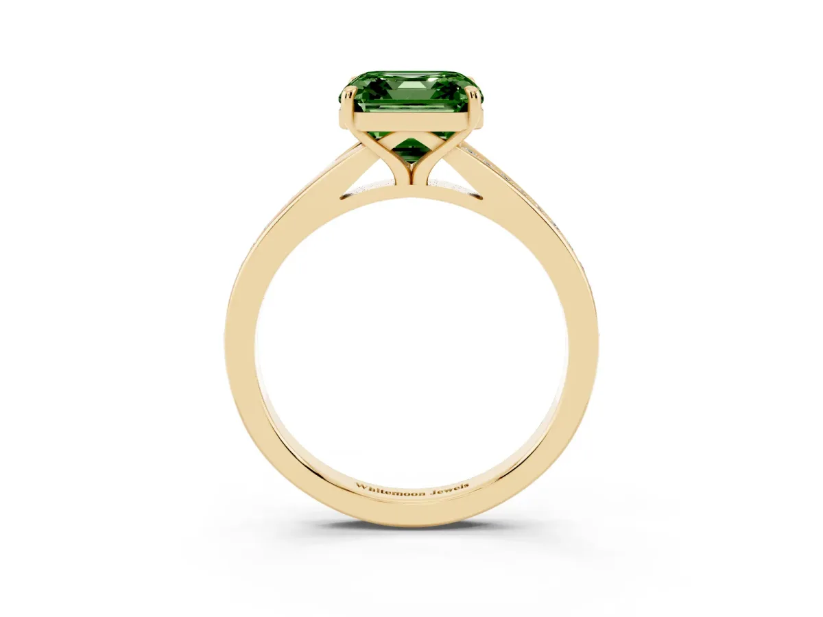 Fancy Green Asscher Cut Diamond Solitaire Ring with Pavé Band and Prong Setting Yellow gold