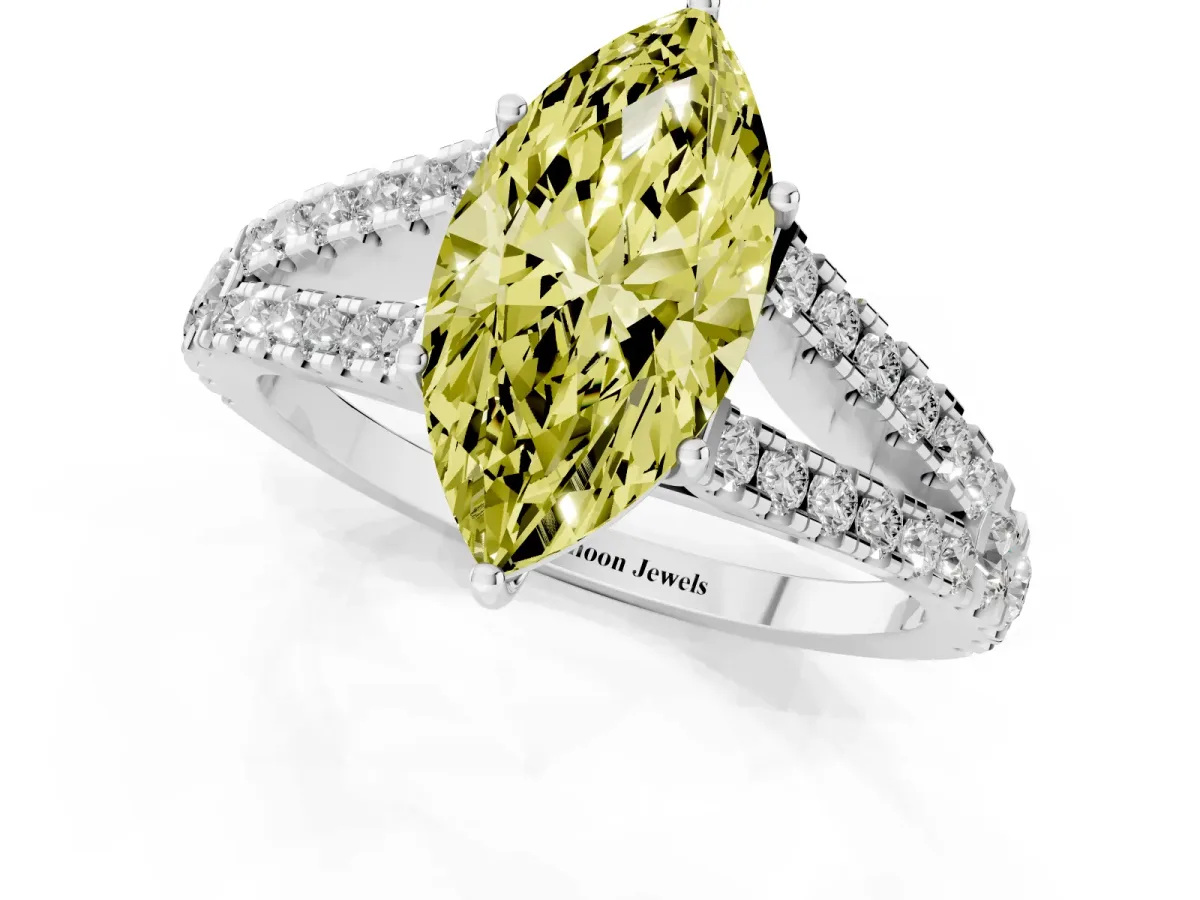 Fancy Yellow Marquise Cut Diamond Split Shank Engagement Ring with Round Pavé and Prong Setting Silver