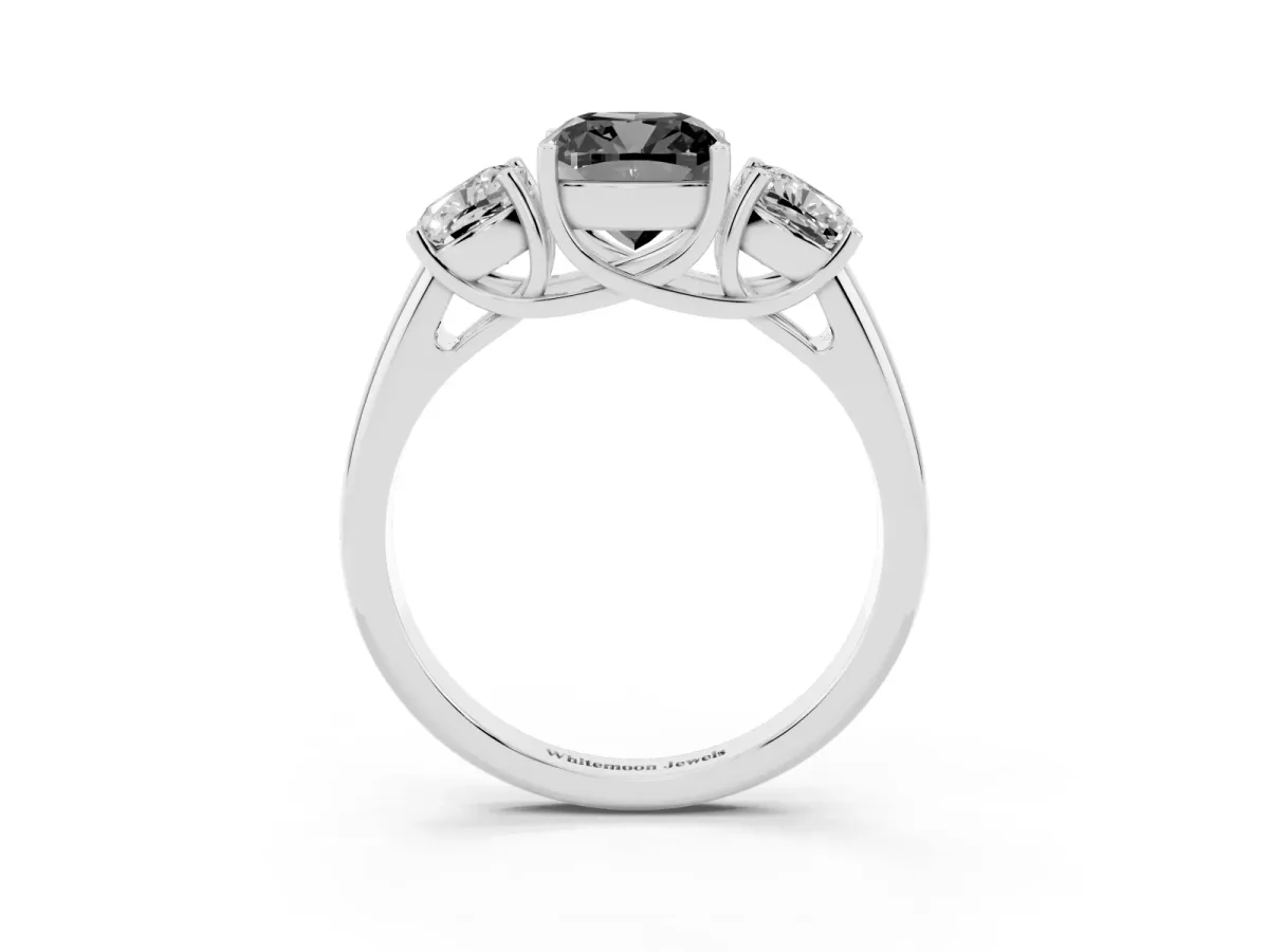 Fancy Black Three-Stone Cushion Cut Diamond Engagement Ring with Prong Setting Silver