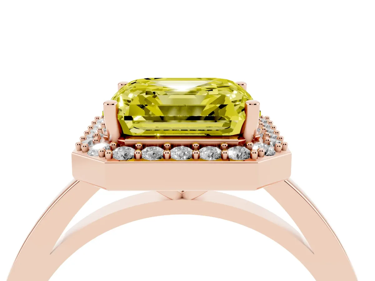 Fancy Yellow Asscher Cut Halo Diamond Ring with Solitaire Band and Prong Setting Rose gold