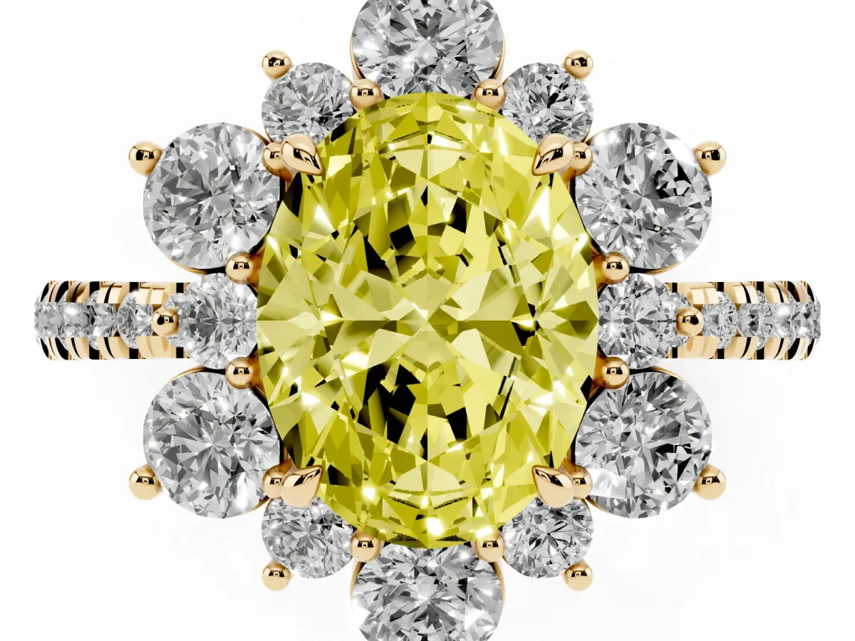 Fancy Yellow Oval Cut Diamond Floral Halo Ring with Round Pavé Band and Prong Setting Yellow gold