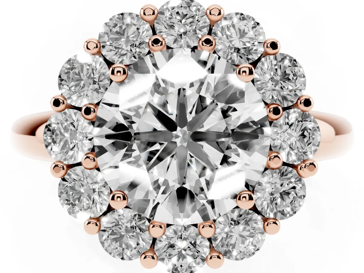 Round Cut Halo Cluster Diamond Engagement Ring with Prong Setting and Polished Band Rose gold