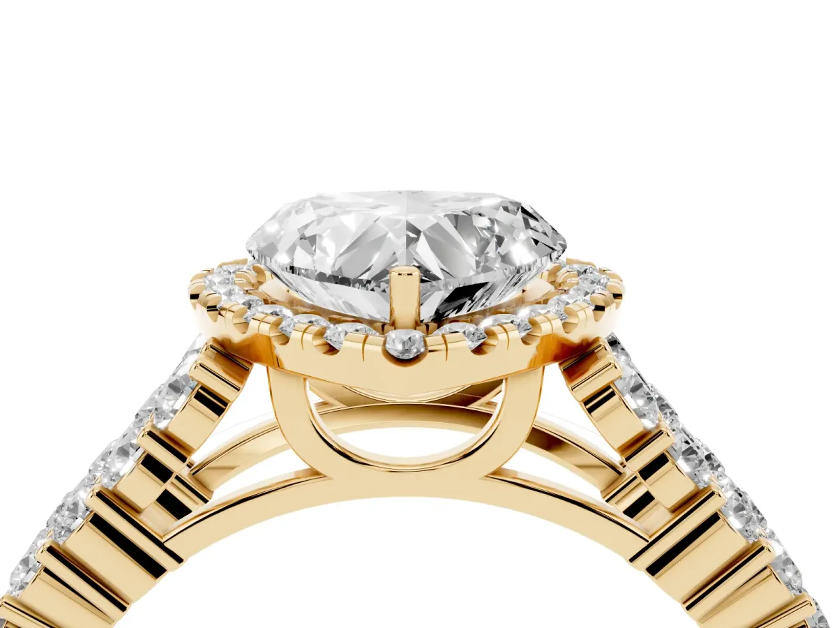 Heart Cut Diamond Halo Engagement Ring with Triple Row Round Pavé Band and Prong Setting Yellow gold