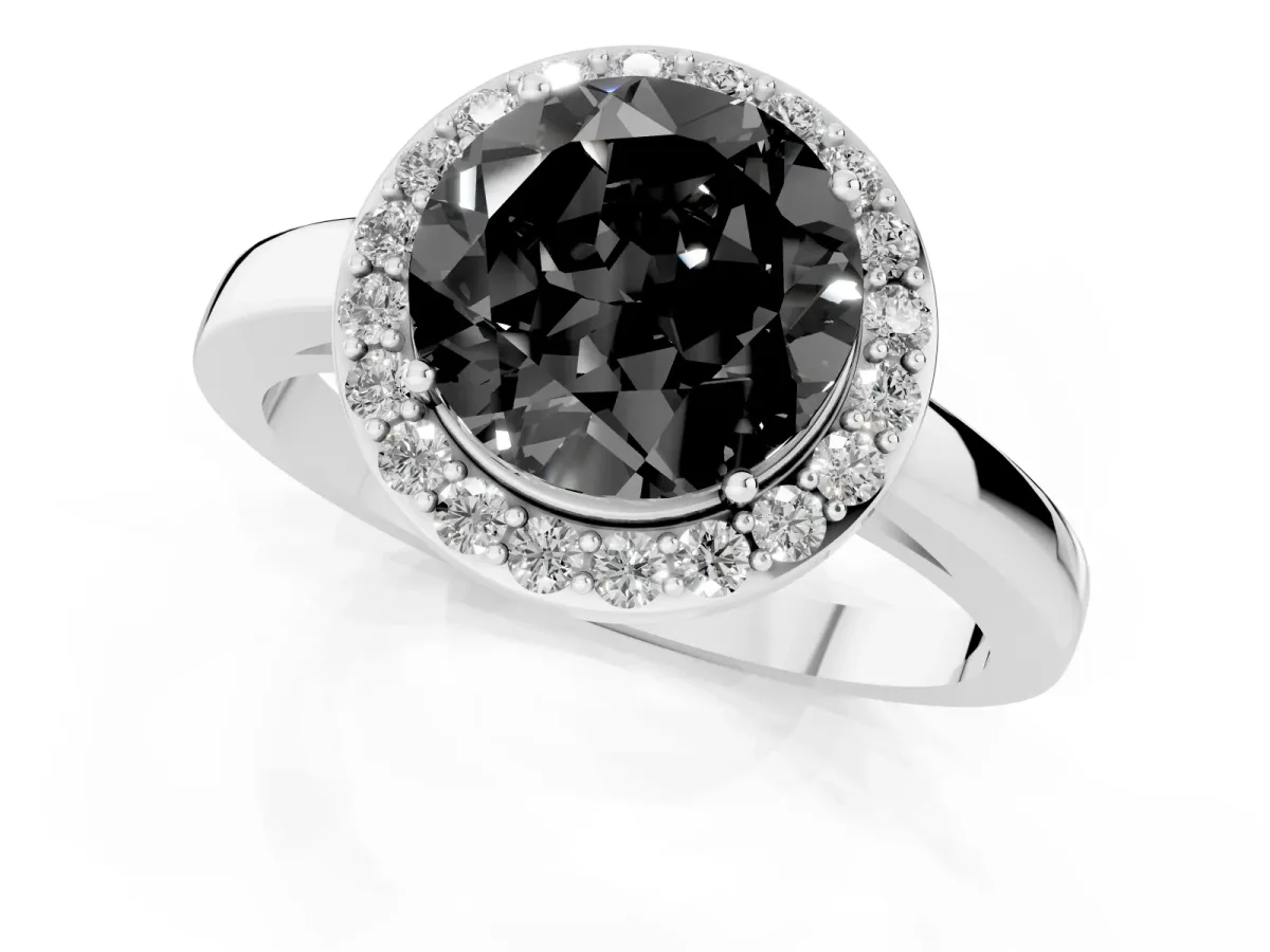 Fancy Black Round Cut Halo Diamond Ring with Solitaire Band and Prong Setting Silver