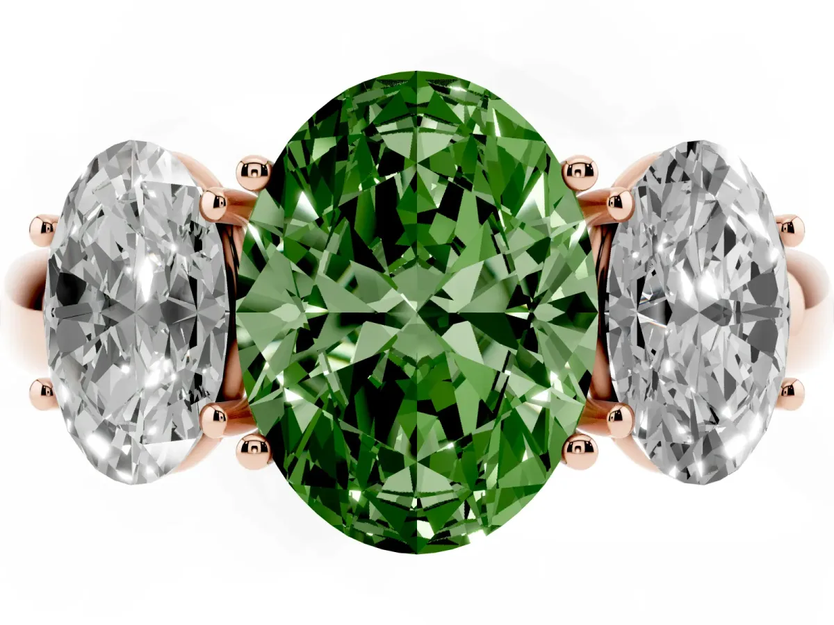 Fancy Green Oval Cut Diamond Three-Stone Ring with Four-Prong Setting and Classic Band Rose gold