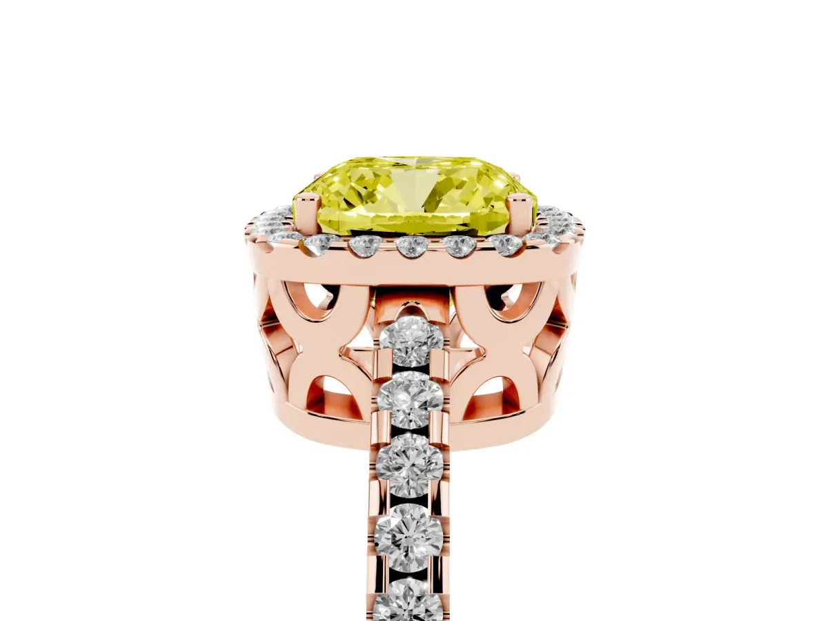 Fancy Yellow Cushion Cut Diamond Halo Engagement Ring with Pavé Band and Prong Setting Rose gold