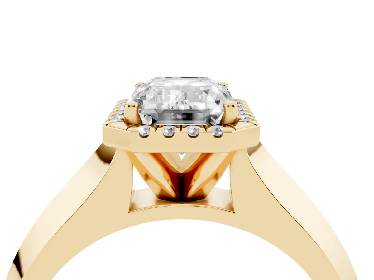 Emerald Cut Halo Diamond Ring with Cathedral Band and Four-Prong Setting Yellow gold