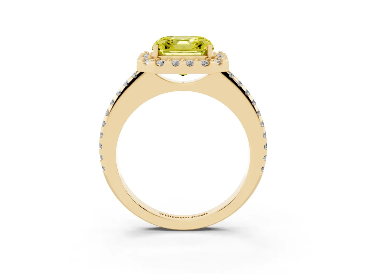 Fancy Yellow Asscher Cut Diamond Pavé Halo Ring with Four-Prong Setting Yellow gold