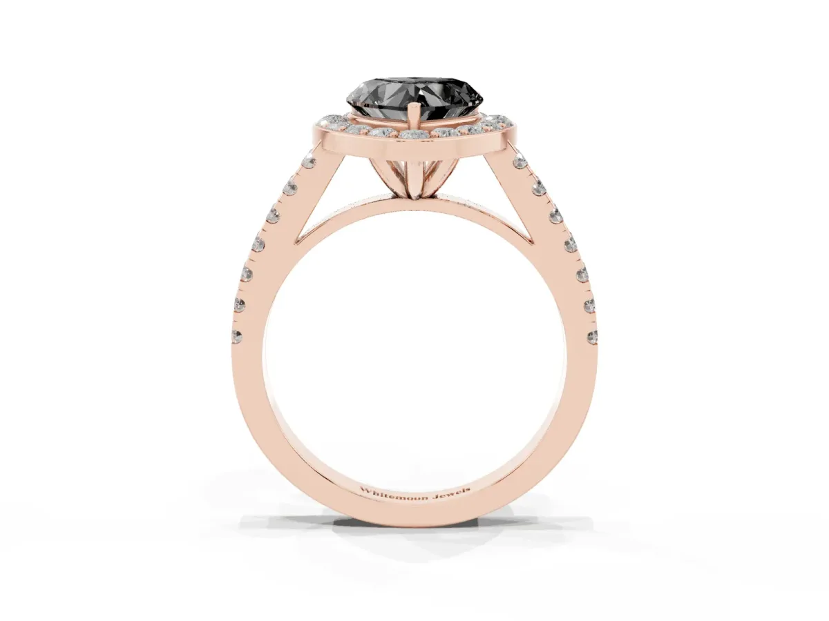 Fancy Black Heart Cut Diamond Halo Ring with Round Pavé Split Shank and Prong Setting Rose gold