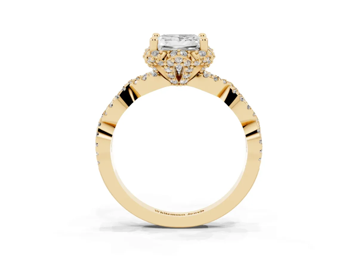 Princess Cut Halo Twist Band Solitaire Ring with Six-Prong Setting Yellow gold