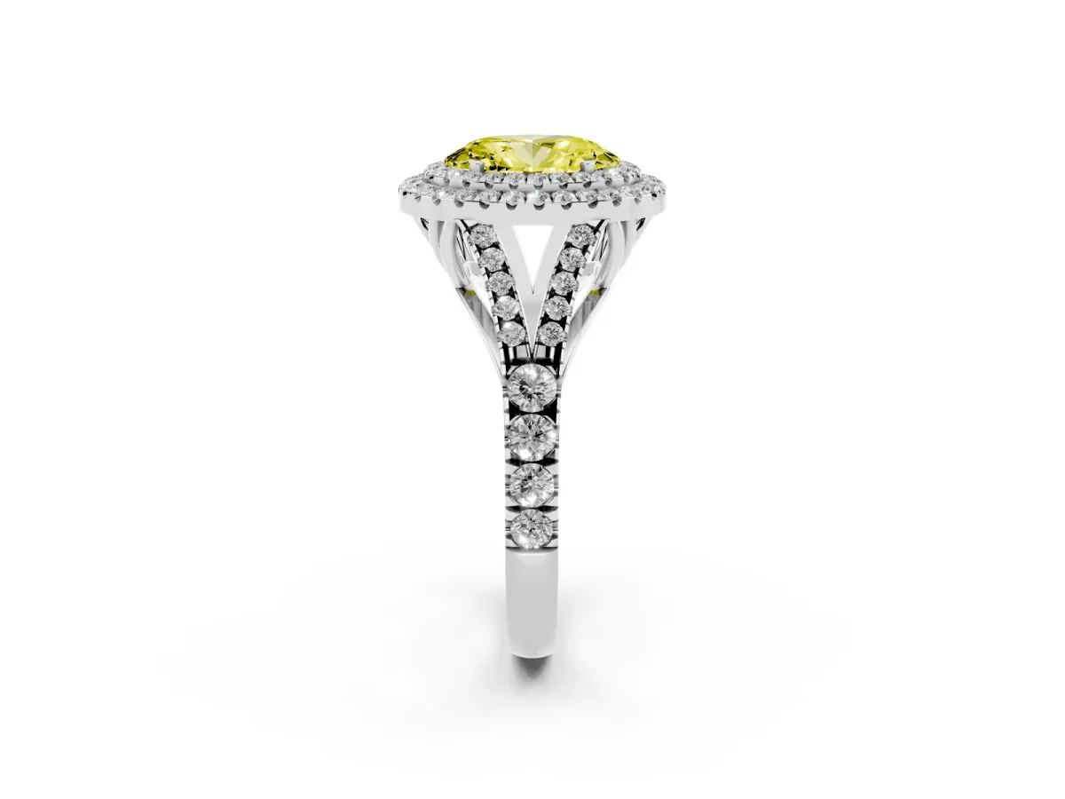 Fancy Yellow Oval Cut Cut Double Halo Split Shank Diamond Ring with Prong Setting Platinum